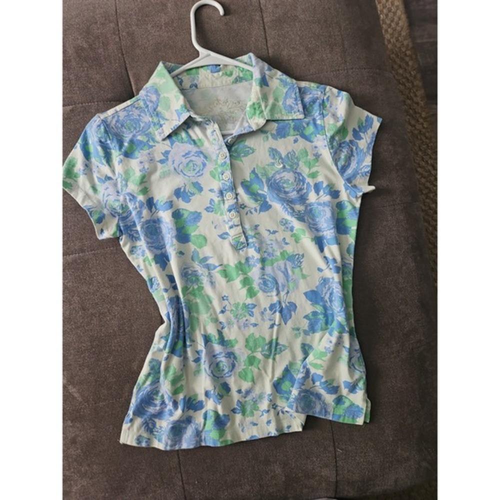 Gloria Vanderbilt Blue Floral Polo Shirt Medium M Missy Cotton Stretch Cabbageto